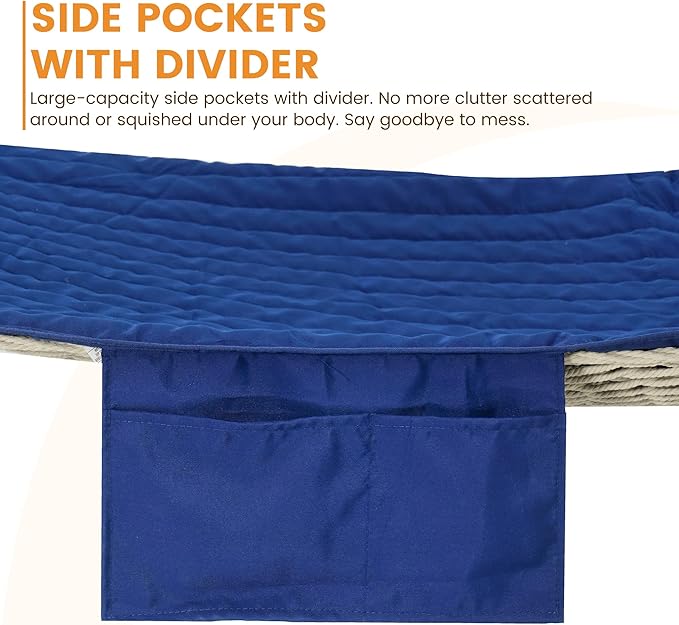Lazy Daze Hammocks Rope Hammock with Pad, Spreader Bar, Carabiners, Tree Straps, Chains for Outside Patio- Max 450 Lbs, Navy Blue
