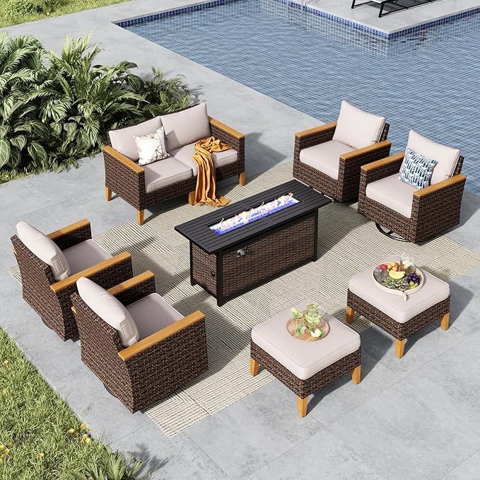 MFSTUDIO 9 Piece Wicker Patio Furniture Sets with 56" Fire Pit Table, 4 x Swivel Chair, 2 x Ottoman, 2 x Corner Sofa, All-Weather PE Rattan Patio Conversation Set Outdoor Sectional Sofas, Beige