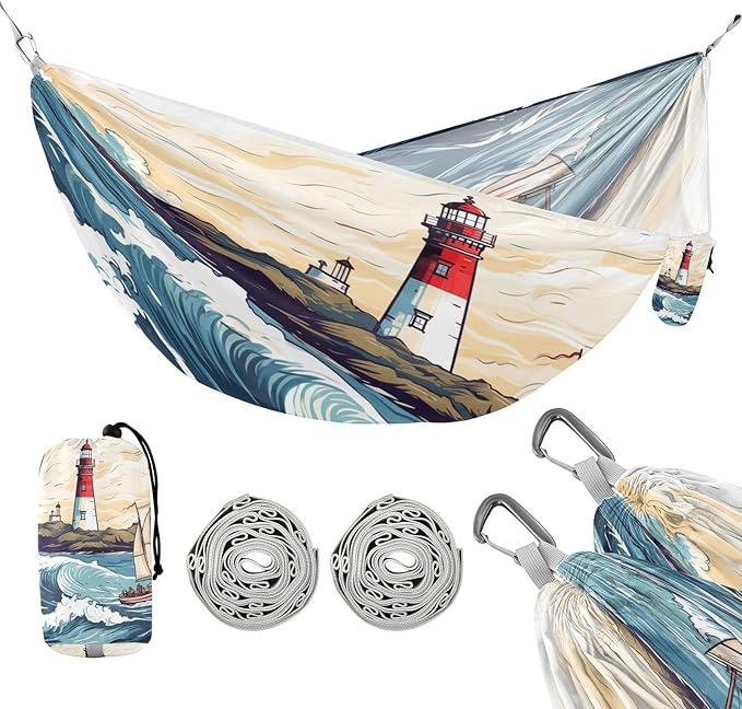 Portable Single Hammock Sailboat in The Sea Wave and Lighthouse Garden Yard Outdoor Hammocks