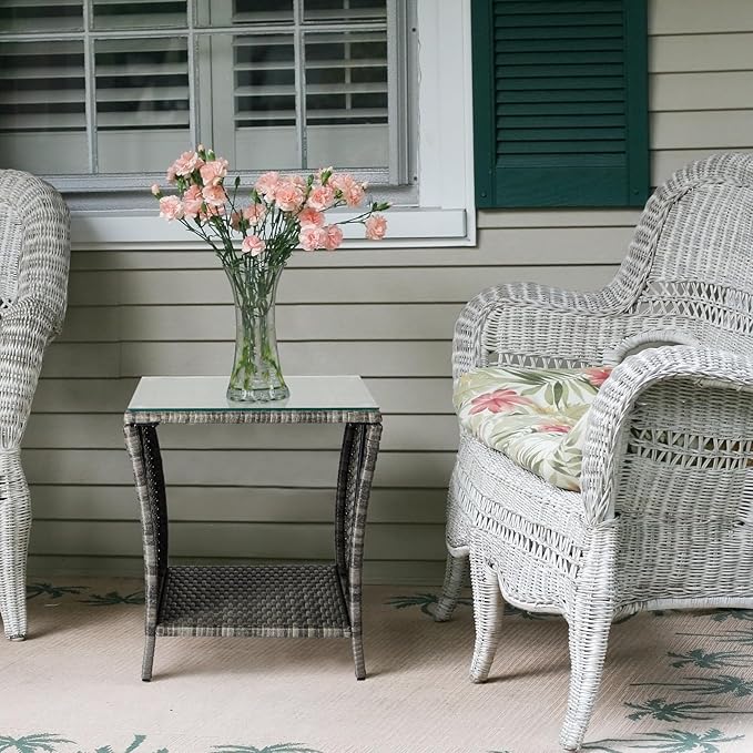 18" Patio Rattan Wicker Side Tables,Outdoor Square Wicker End Table,Waterproof Patio Coffee Side Table,Outside Storage Coffee Tables,with Glass Top,for Garden Porch Poolside Deck Backyard (Grey)