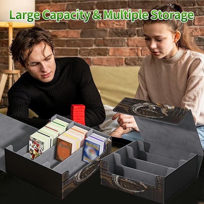 Large Card Deck Box for MTG, Fits 1200+ Sleeved Cards, PU Leather Storage Case with Strong Magnetic Closure, Multiple Colors for TCG CCG Baseball Card Collections, Mechanical Dragon