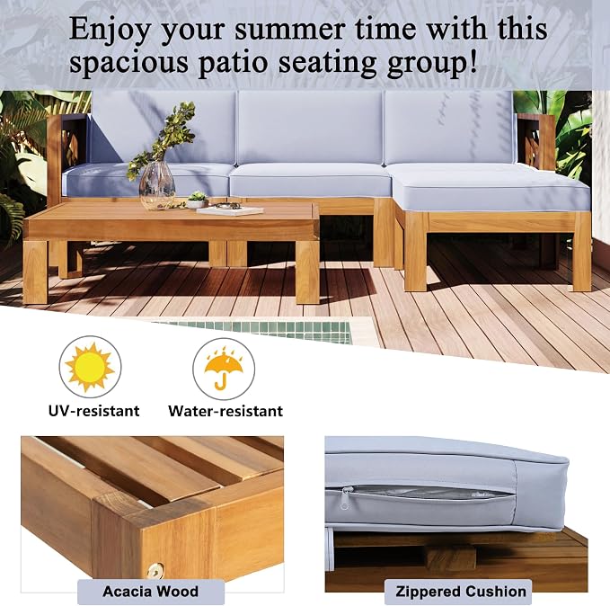 VilroCaz Acacia Wood 5-Piece Patio Sectional Sofa Set, All-Weather Outdoor Conversation Set, Corner Design Patio Set with Coffee Table and Updated Cushions for Backyard Porch Courtyard Poolside