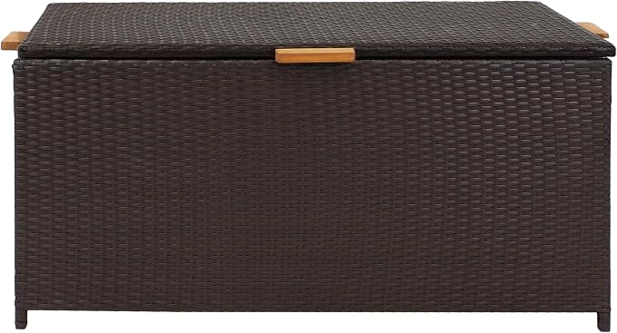Sunnydaze Faux Wicker Storage Box - Outdoor Deck Box with Handles - 75-Gallon Front Door Package Delivery Box with Hinged Lid - Brown