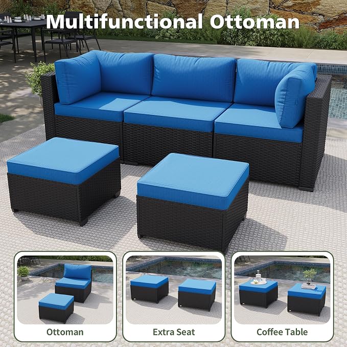 Aoxun 13 Piece Outdoor Patio Furniture Set with 44'' Fire Pit Table, Wicker Rattan Outdoor Furniture with High Back Swivel Rocker Chairs, Outdoor Sofa Set with Thick Cushion & Ottoman, Peacock Blue
