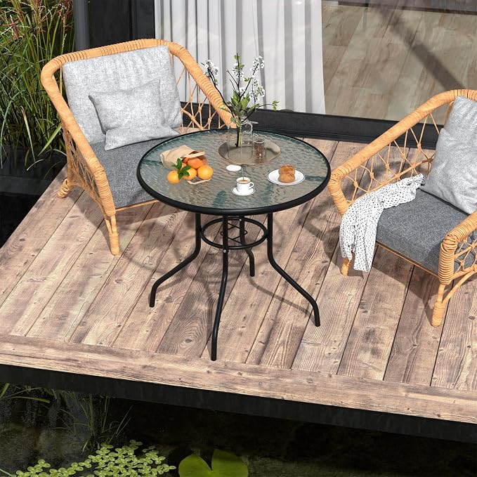 MKDLUFEI Patio Table with Umbrella Hole, 32 Inch Round Tempered Glass Metal Outdoor Dining Table Garden Elements for Balcony, Backyard Pool(Round)