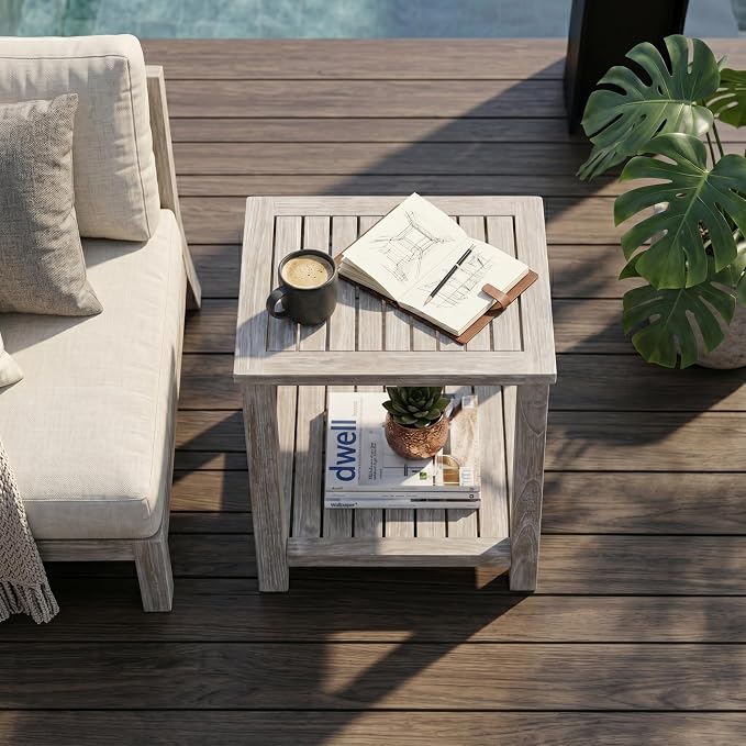 Hives & Honey Pavilion Outdoor Teak Side Table, Square 2-Tier Patio Table, Solid Grade-A Teak Wood for Deck, Porch, Balcony – Whitewash