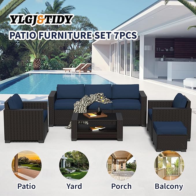 7 Pieces Patio Furniture Set Wicker Outdoor Furniture All-Weather Outdoor Sofa with Thick Cushions & Coffee Table Patio Conversation Set for Lawn, Balcony, Deck, Poolside, Darkbrown&Prussian Blue