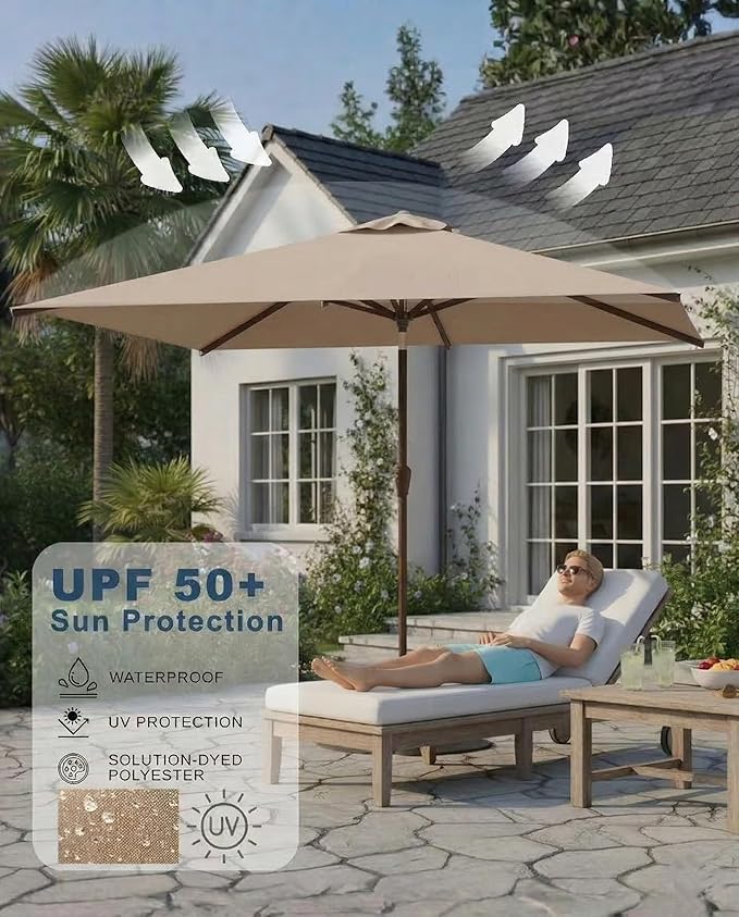 6.5x10FT Patio Umbrella, Outdoor Umbrella with Push Button Tilt and Crank, 8 Sturdy Ribs, UV Protection & Waterproof Market Umbrella for Pool, Backyard, Beach,Deck (Beige)