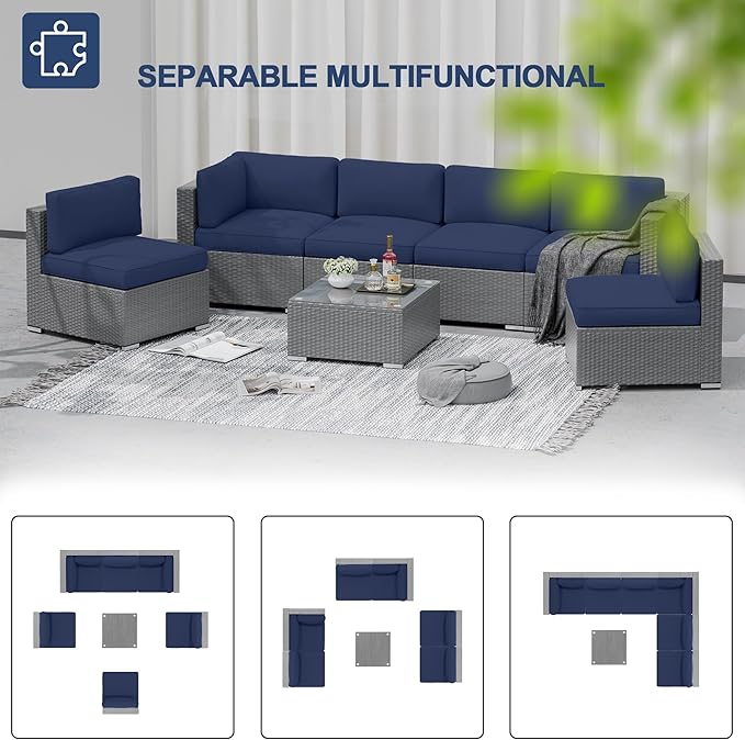 SUNCROWN Outdoor Patio Furniture Set 7 Piece Outdoor Sectional Sofa Grey Wicker Conversation Sofa Set with Coffee Table and Cushions,Dark Blue