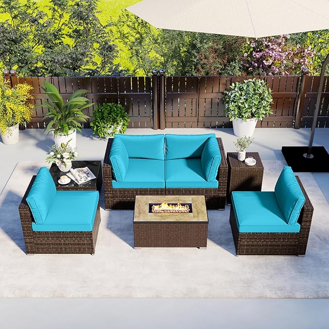 Tangkula 7 Pieces Outdoor Sectional Sofa Set Set with 32” Fire Pit Table and Propane Tank Cover, for Deck, Garden and Backyard, Fire Pit Protective Cover Included (Turquoise)