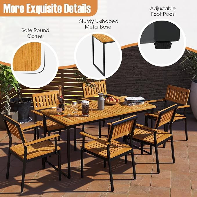 Patio Dining Table, 6-Person Acacia Wood Dining Table with 2 Inches Umbrella Hole, Slatted Tabletop & Adjustable Foot Pads, Outdoor Dining Table for Garden, Poolside & Dining Room