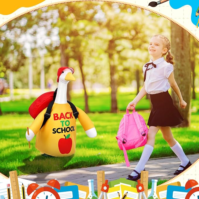 Back to School Porch Goose Outfit Bright Print Goose Costume with Red Cap & Backpack for 23" Gooses Statue First Day of School Decoration Patio Yard Garden Lawn Outdoor Decors