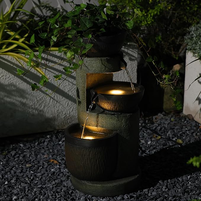 Bumilgar 3-Tier Natural Bowl Cascading Garden Water Fountain with LED Lights - Water Fountain Outdoor Indoor Decor for Garden, Patio, Deck, Porch and Office Living Room Home Art Decor 10"x9"x20"