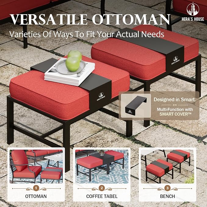 HERA'S HOUSE 6 Piece Patio Furniture Set, 2 x Rocking Cushioned Chair, 2 x Cushioned Ottoman, 1 x 3-Seat Sofa with Marbling Coffee Table, Outdoor Conversation Set for Lawn Garden Backyard, Red