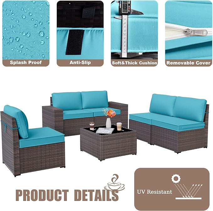 Patio Furniture Set Sofa 6-Pieces Wicker Sectional Sofa Set, Outdoor Furniture Rattan Patio Conversation Set with Thickened Cushion and Glass Coffee Table, Blue