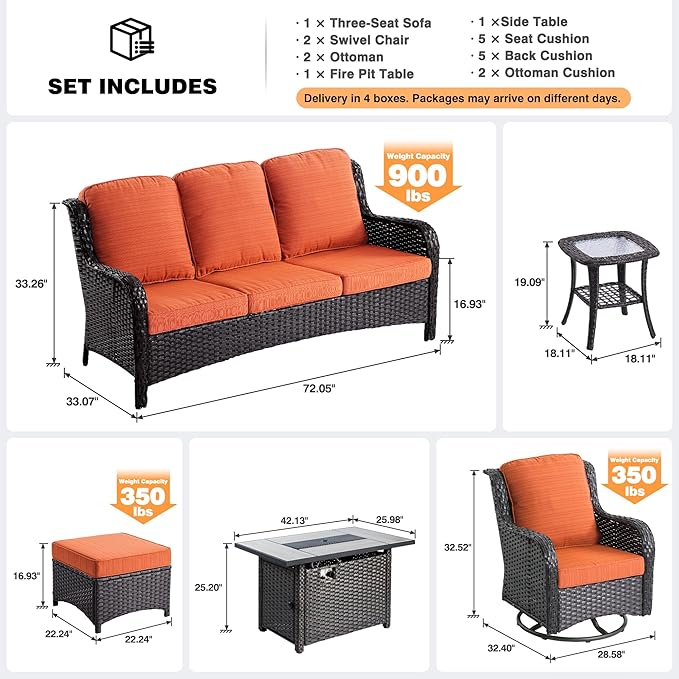 ovios 7-Pieces Patio Furniture Set with 42 Inch Fire Pit Table Swivel Chairs, Outdoor Wicker Sofa Couch Gliders Rocker, High Back Modern Conversation Set, Brown Rattan, Orange Red
