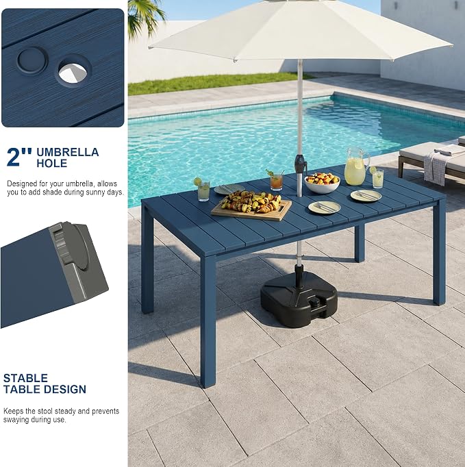Domi HDPE Outdoor Dining Set, All-Weather 7 Piece Outdoor Dining Table Set with 2" Umbrella Hole, Outdoor Patio Dining Set for Garden, Poolside, Backyard, Deck, Blue