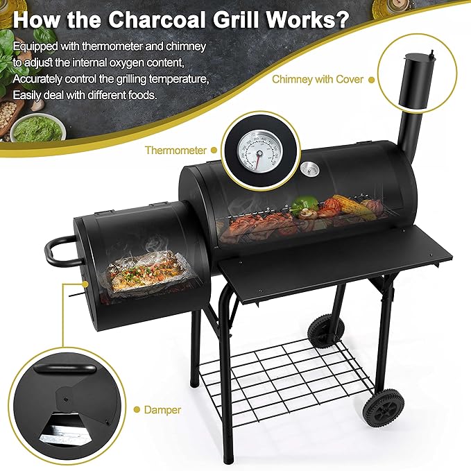 Joyfair Charcoal Grill with Offset Smoker, Camping Barbecue Grill with Side Fire Box for Outdoor BBQ Smoking/Backyard Party Grilling, Thick Iron Steel & Dual Chamber Design, Thermometer & Chimney