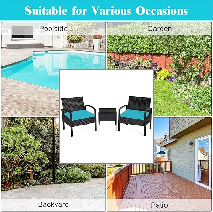 Tangkula 3 Piece Patio Conversation Set, Outdoor Rattan Sofa Set with Seat Cushions & Coffee Table, Patio Wicker Furniture Set for Garden Balcony Backyard Poolside (Turquoise)