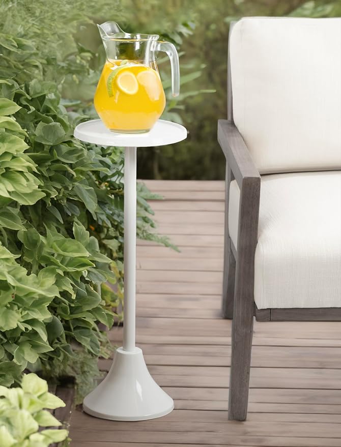 Kate and Laurel Sanzo Modern Pedestal Outdoor Drink Table; 9 x 9 x 23; White; Decorative Outdoor Patio Table for Deck with Hammered Tabletop for Use as Small Plant Stand or Living Room Martini Table