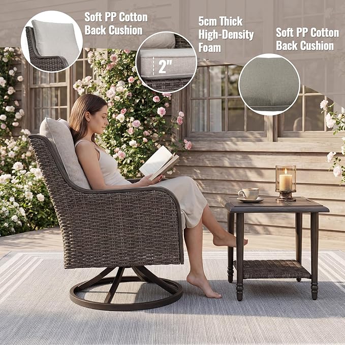 Swivel Patio Chair, High Back Outdoor Rattan Chair with Thick Cushions, Hand-Woven Wicker Furniture for Balcony Garden Deck