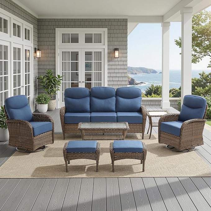 HUMMUH 7-Piece Patio Furniture Set with 6" Thick Cushion High Back Outdoor Swivel Rocker Chairs with 3-Seater Sofa,Coffee Table & Ottomans,Wicker Outdoor Conversation Set for Deck, Porch,Poolside