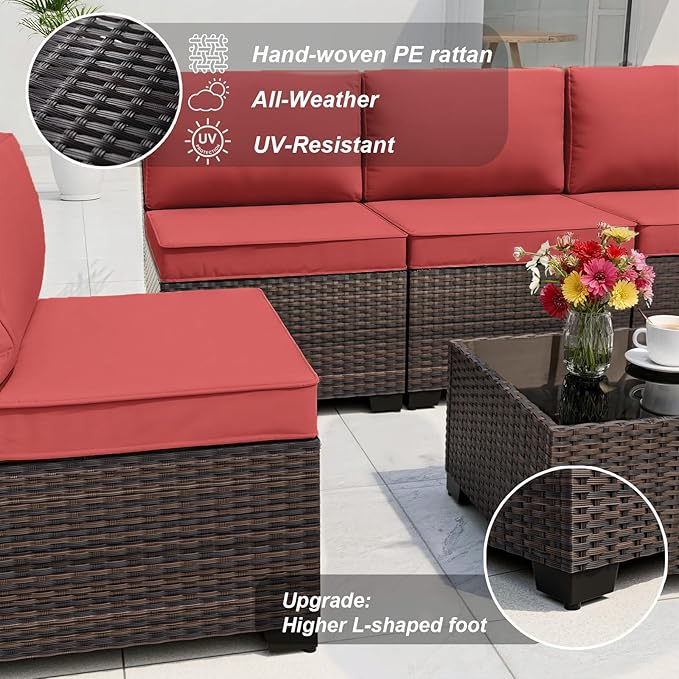 ALAULM 13 Pieces Patio Furniture Set with Fire Pit Table Outdoor Sectional Sofa Sets Outdoor Furniture 43" Gas Fire Pit CSA Approved PE Rattan Patio Conversation Set w/10 Seat Cushions (Red)
