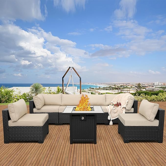 Valita Patio Furniture Set 30 Inches Fire Pit 7-Piece Outdoor Sectional Patio Couch 50000 BTU Steel Propane Fire Pit Table with No-Slip Cushions and Waterproof Cover, Khaki