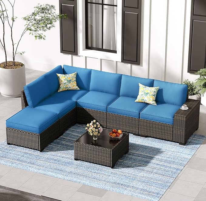 7 Pieces Outdoor Patio Furniture Set, Wicker Conversation Sets with Tea Table, Rattan Patio Sofa with Thick Cushions for Garden, Backyard Porch, Poolside,Peacock