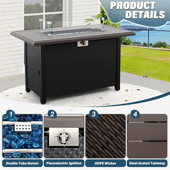 6 Pieces Outdoor Furniture 60000BTU Outdoor Propane Fire Pit Wicker Patio Furniture Set 45" Steel Fire Table Anti-Slip Cushions Waterproof Covers, Peacock Blue