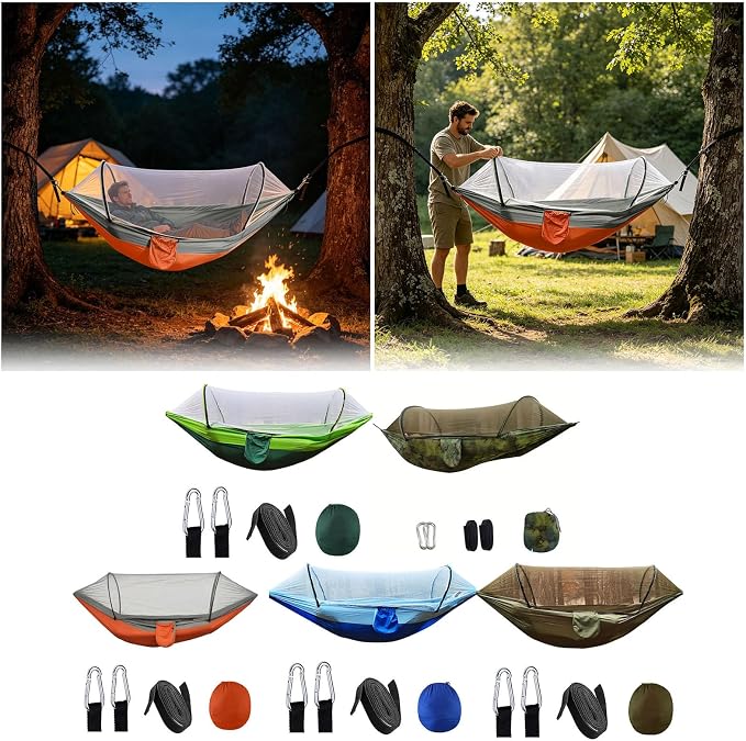 Heavy Duty Hammock with Mosquito Net–Canvas Hammock, Fade-Resistant Cotton Lounger, Roll-Free Comfort Design, Easy Setup for Backyard, Porch, Garden, Camping, Travel (Orange)