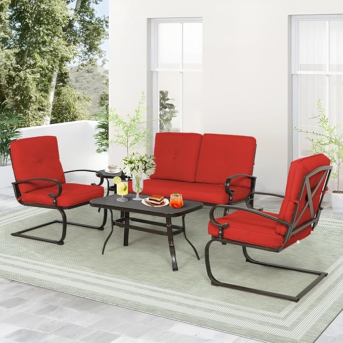 Oakcloud 5Pcs Metal Outdoor Furniture Patio Conversation Set (Loveseat, Coffee Table and Bistro Table, 2 Spring Chair) -Wrought Iron Patio Chair Set with Cushions (Red)
