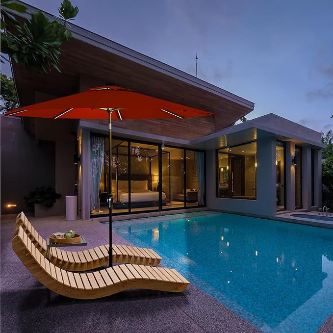 Midtown Umbrellas Led Swilt Sunbrella Umbrella, 8 Foot Patio Umbrella In Sunbrella Red Acrylic Fabric - Deck Patio Umbrella, Backyard Umbrella, Garden Umbrella & Pool Umbrella - Black Pole