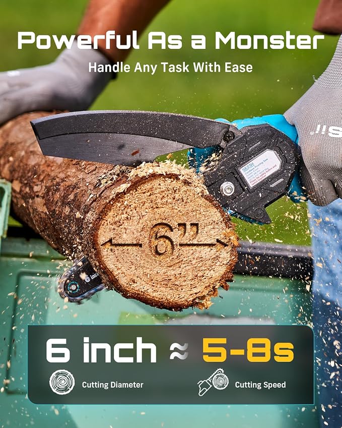 Seesii Mini Chainsaw, 6-inch Mini Chainsaw Cordless, Handheld Electric Power Chain Saw with 2 Batteries, for Tree Trimming Wood Cutting, Best Gifts for Father, Dad, Husband, Men