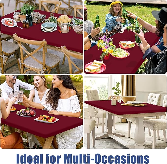 Moosfor Spandex 6 Foot Rectangle Table Cloth 2 Pack, Elastic Fitted Tablecloths for Picnic, Stretch Washable Patio Table Cover for Outdoor, Camping, Banquet and Parties (Wine Red, 30"x72")