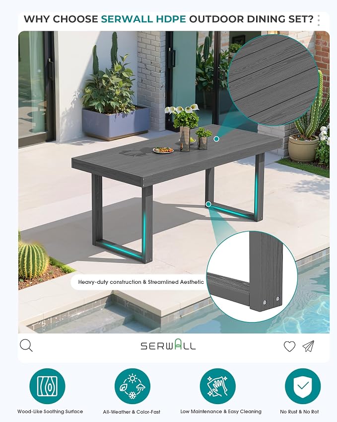 SERWALL HDPE Outdoor Dining Set for 6, 67'' Patio Table and Chairs Set | with Armchair Seat