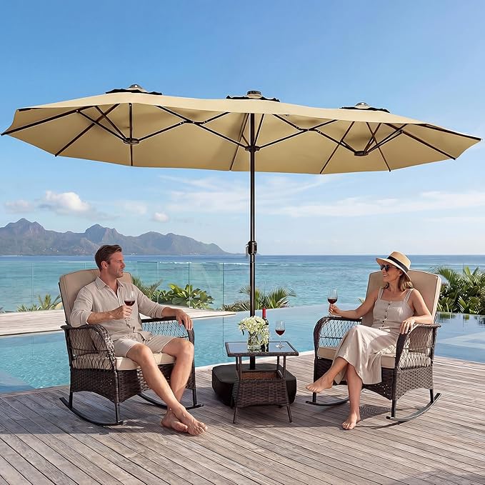 CHABATREE 15FT Double-Sided Patio Umbrella with Base Included, Large Outdoor Rectangular Market Umbrella for Backyard, Poolside, Lawn & Garden, Khaki