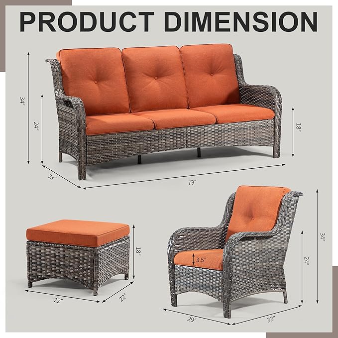 Wicker Patio Furniture Sets 7 Piece Set with One 3-Seat Sofa, 4 WIkcer Chairs, 2 Ottomans, Wicker Outdoor Furniture Set Patio Conversation Set, Orange