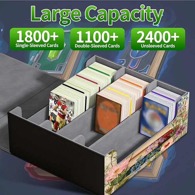 Large Card Deck Box for MTG, Fits 1200+ Sleeved Cards, PU Leather Storage Case with Strong Magnetic Closure, Multiple Colors for TCG CCG Baseball Card Collections, Vintage Flower Books