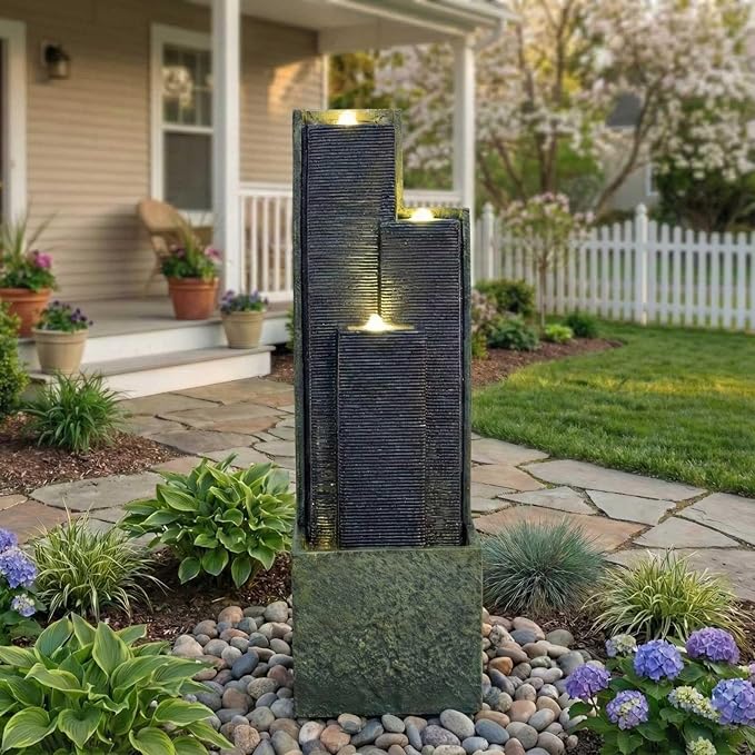 39'' Outdoor Water Fountain with LED Lights, Modern Cascading Column Waterfall Fountain for Garden Patio Backyard, Freestanding Tiered Fountain with Warm White Lights, Grey