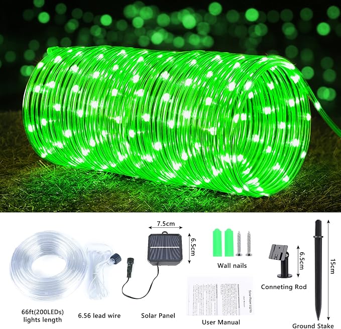 Solar Rope Lights, 2 Packs Total 132ft 400LED Solar String Lights, 8 Modes Waterproof Solar Outdoor Light, Flexible Clear Trampoline Light for Garden Backyard Patio Deck Pool Tree Decor - Green