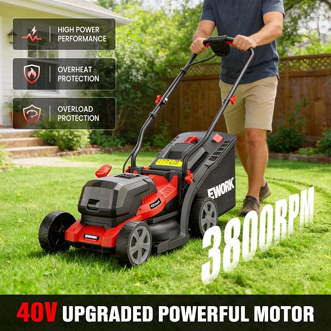 EWORK 40V Electric Lawn Mower Cordless, 14" Electric Push Mower with Grass Catchers, 2x4.0Ah Batteries & Charger, 6-Height Adjustment, 21Lbs Lightweight Battery Powered Lawnmower for Small Yard
