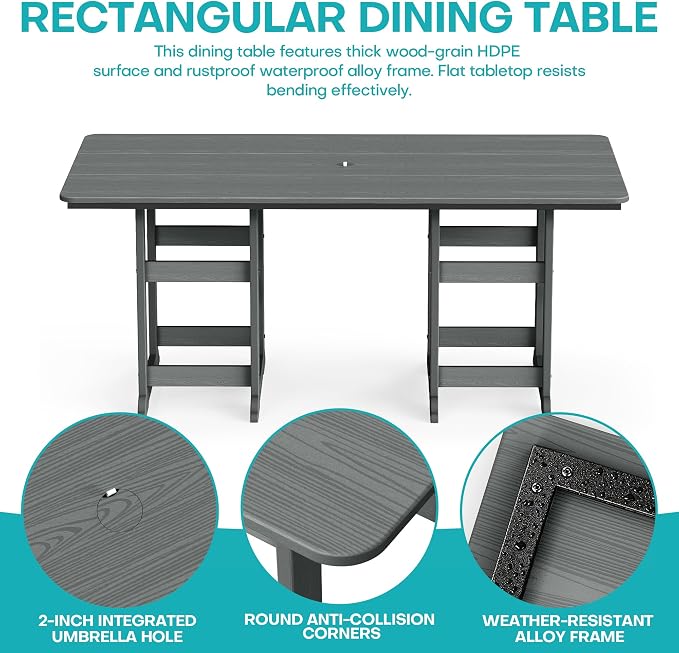 5-Piece Dining Set, HDPE Table & 4 Chairs, Grey | HDPE Dining Set: 69.1" Table + 4 Chairs, 380 lbs, 304 Stainless, All-Weather, No Rust No Crack, Outdoor Patio Garden