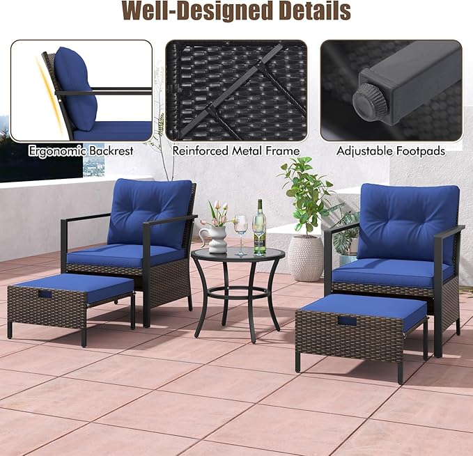 Tangkula 5 Piece Outdoor Furniture Set, Rattan Chairs & Ottomans w/Round Glass Topped Coffee Table, Space Saving Cushioned Patio Conversation Set for Backyard, Poolside (Navy)