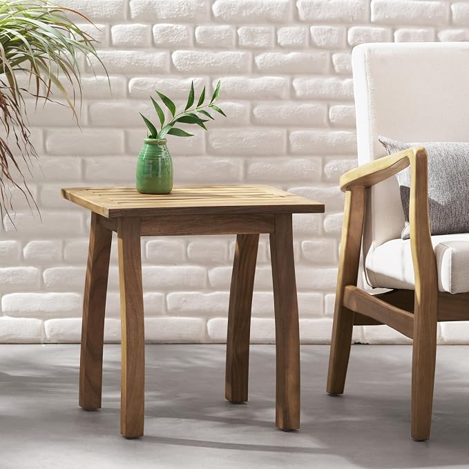 Acacia Wood Outdoor Side Table, Weather Resistant Slatted Design Patio Coffee End Table, Decorative Decorated Accent Table for Balcony Beach Poolside, Natural Stained (Natural Stained + Acacia Wood)