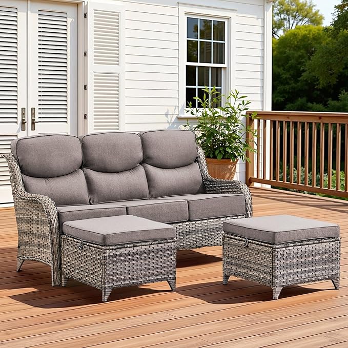 3PCS Patio Furniture Sofa Set with 6" Thick Cushions, High Back Wicker Sectional Outdoor Sofa with Ottomans, Outdoor Seating Furniture High Back Conversation Set for Balcony Deck Porch Backyard, Grey