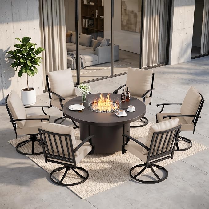 7 Pieces Outdoor Patio Furniture Set with 48" 55000 BTU Round Propane Fire Pit Table,Patio Dining Set Outdoor Conversation Sets 6 Swivel Chairs for Deck,Backyard and Garden,Brown