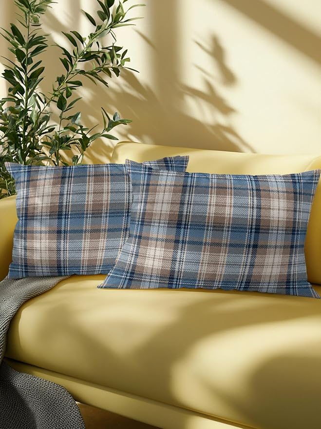Waterproof Outdoor Pillow 1 Pack Beige Checked Plaid Decorative Throw Pillows Cover & Insert 20x12 Inch Lumbar Pillowcase Stripes Woven Grid Pillows for Couch Sofa Bed Patio Furniture Indoor Outdoor