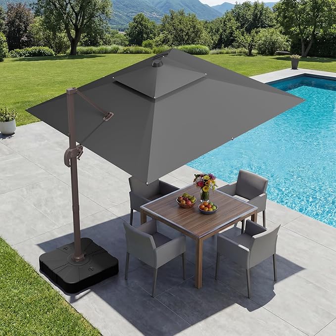 GENTEACO 10X10 FT Cantilever Umbrella, Large Offset Patio Umbrella with Double Top, 6 Angle Tilts & 360° Rotation, Large Square Sun Umbrellas for Outdoor Patio Pool Deck Market, Grey