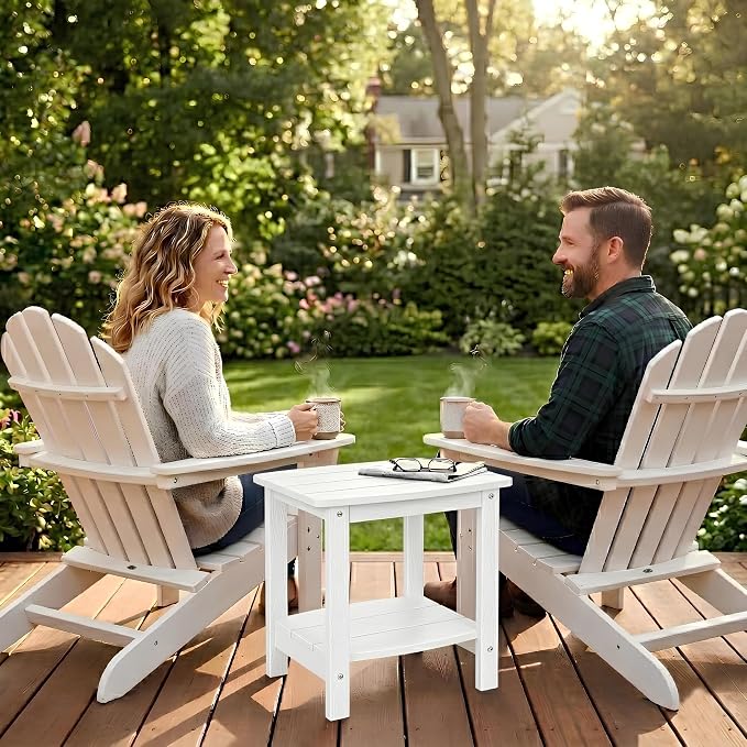 Y&M Outdoor Side Table, HIPS Adirondack Small Double Layer Table, Waterproof Square Outside Table, Balcony Modern End Tables for Patio, Pool, Beach, Porch, Deck, Indoor or Outdoor Use, White